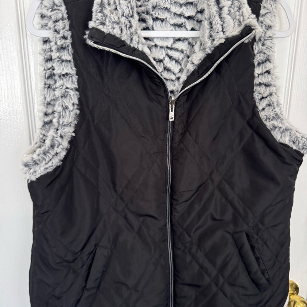 Black Quilted Vest with Gray Faux Fur Lining